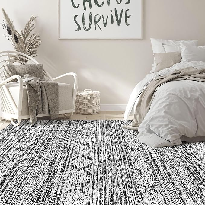 Nakagishi 9x12 Area Rugs Living Room: Washable Large Neutral Soft Rug Stain Resistant Non-Slip Carpet for Men Modern Home Enthusiasts Aged 25-45 - High Traffic Areas - Bedroom Office - Black White
