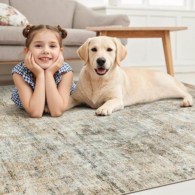 Abstract Rug 8x10 Large Living Room Rugs Neutral Modern Washable Area Rugs for Bedroom Dining Room Non-Slip Stain Resistant Foldable Thin Rug Brown Grey