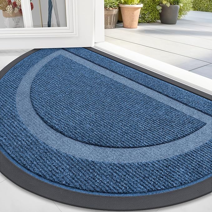OLANLY Half Circle Door Mat Indoor Outdoor Entrance Welcome, Waterproof All-Season, All-Weather Doormat, Sturdy Natural Rubber, Low Profile, Easy Clean Patio Porch Entryway Mat, 59x34, Light Blue