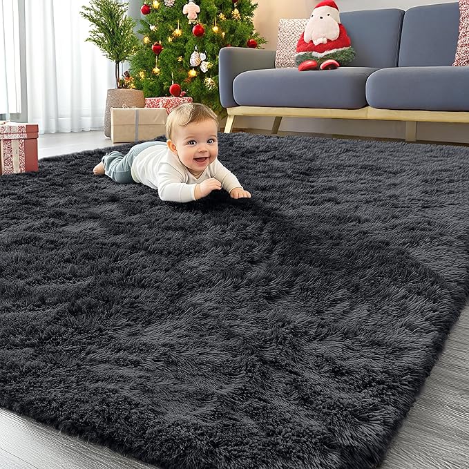 OLANLY 6x7 Area Rugs for Living Room Bedroom, Machine Washable Soft Fluffy Shaggy Bedside Rug, Indoor Floor Carpet for Kids Girls and Boys, Dorms, Nursery Rooms, Home Decor Aesthetic, Black
