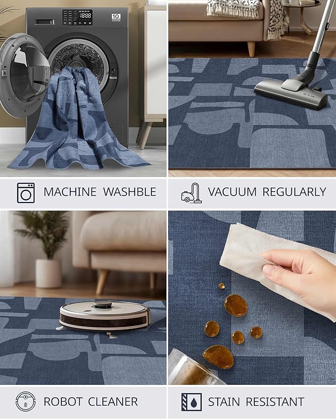 Latte&Fog 8x10 Area Rugs for Living Room, Large Modern Abstract Washable Rug, Boho Non Slip Low Pile Carpet for Indoor Bedroom Dining Room, Office, Dorm, Classroom, Farmhouse and Kids Room - Navy Blue