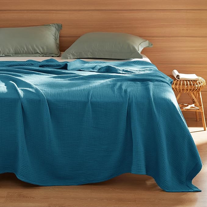 Bedsure 100% Cotton Muslin Blanket King Size for Bed - 4-Layer Breathable and Lightweight Thin Soft Summer Gauze Muslin Blanket for Adults, Teal, 108x90 Inches