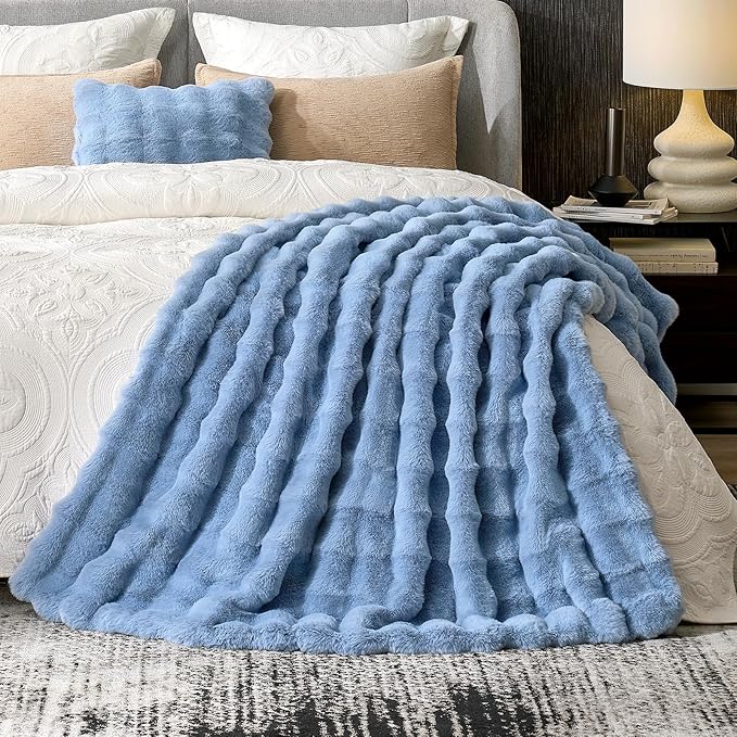 Cozy Bliss Faux Fur Bubble Throw for Couch, Fuzzy Soft Plush Thick Blanket for Sofa Bedroom Living Room, 60x80 Inches Misty Blue