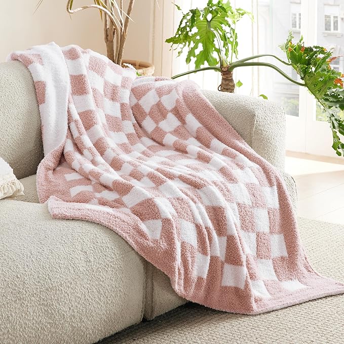 Bedsure GentleSoft Checkered Twin Blanket for Couch, Super Soft Cozy & Warm Knit Pink Throw Blanket, Breathable, Lightweight & Fluffy Plaid Blankets for Bed, Sofa, Gifts for Women Grils, 60x80 Inches