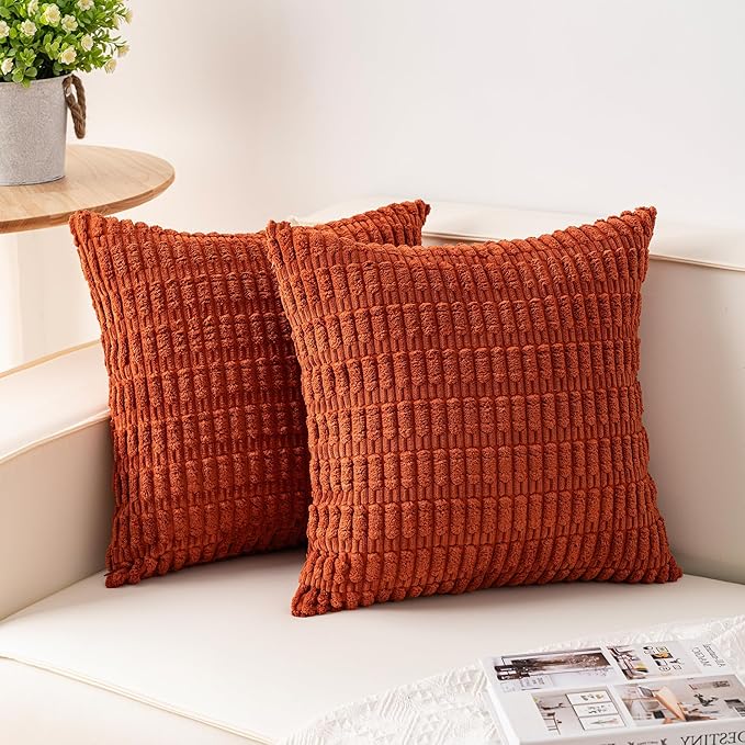 Pack of 2 Corduroy Decorative Throw Pillow Covers 26x26 InchSoft Striped Pillow Covers Modern Farmhouse Home Decor for Sofa Living Room Couch Bed（Rust）