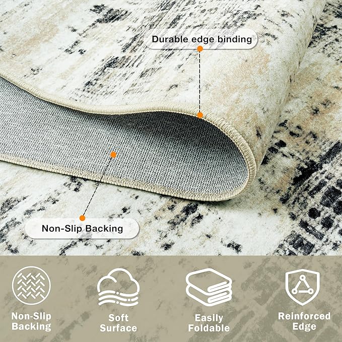 9x12 Area Rugs for Living Room Washable Rug: Anti-Skid Abstract Modern Living Room Rug Soft Thin Carpets Indoor Floor Non-Shedding Carpet for Bedroom Dining Farmhouse Nursery Black Gray Gold