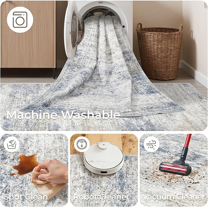 2x5 Rug Runner Washable for Entryway, Soft Bathroom Rugs with Non-Slip Backing, Abstract Low Pile Hallway Runner, Vintage Small Kitchen Carpet for Laundry Room(2'x5', Blue/Brown/Ivory)