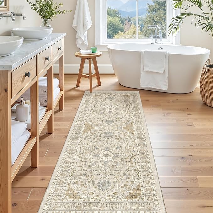 Madane Washable Runner Rug - 2x6 Rug Runners for Hallways 6 Foot Non Slip Vintage Kitchen Runner Rug Ultra-Thin Bathroom Runner Rugs Carpet Laundry Room Bedroom (2x6ft, Beige/Blue)