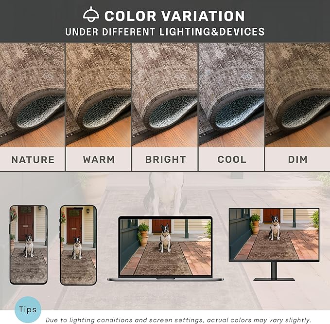 Hazo Haus Boho Brown Living Room Rug 7x9 - Vintage Traditional Eclectic Oriental Neutral Taupe, Washable Low Pile Non-Slip Extra Large Area Rugs for Dining Under Table Bedroom Lounge