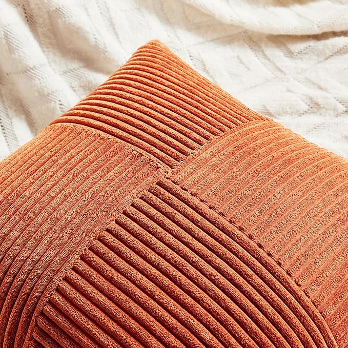 Fancy Homi Set of 2 Burnt Orange Lumbar Decorative Throw Pillow Covers 16x26 Inch for Living Room Couch Bed, Boho Farmhouse Fall Home Decor, Soft Corduroy Corss Patchwork Cushion Case 65x40 cm