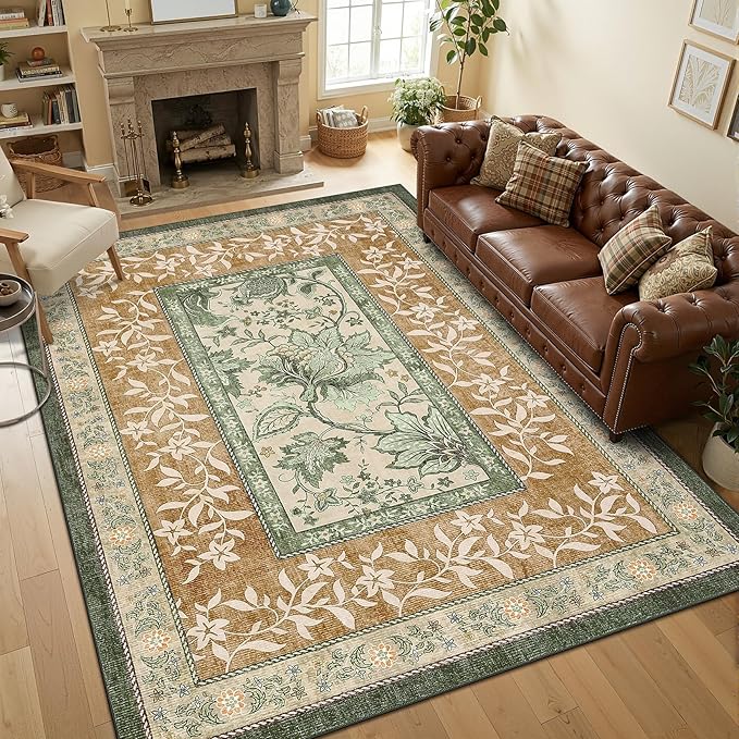 GarveeHome Terracotta Olive Sage Green Washable 6x9 Area Rugs, Botanical Grove Vintage Cottagecore Non-Slip Rug for Living Room Bedroom Nursery Kitchen Low-Pile Retro Large Carpet