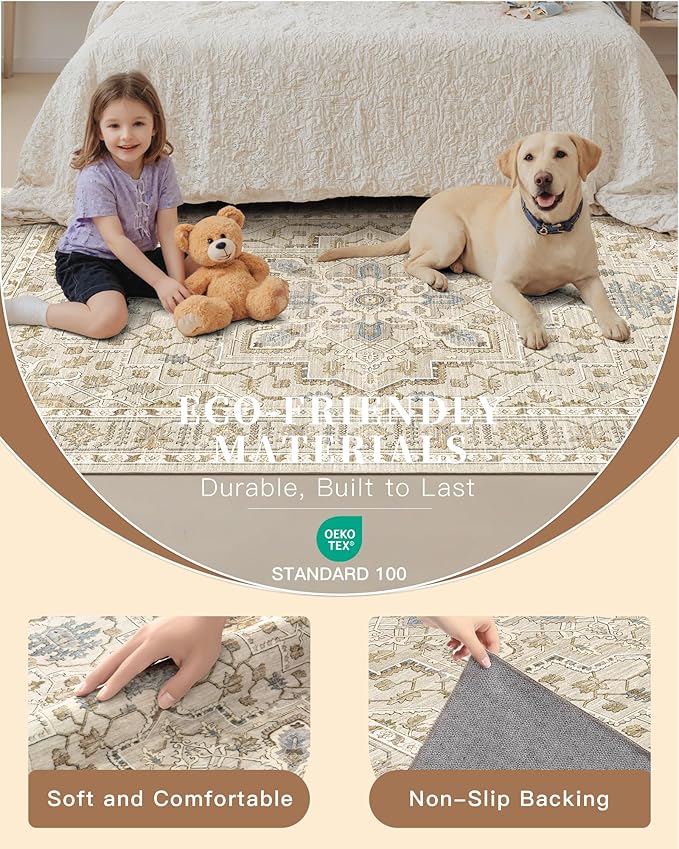 Madane Hallway Runner Rug 2x12, Long Washable Runner Rugs 12ft with Rubber Backing, Non Slip Carpet Runner, Vintage Rug Runners for Kitchen Laundry Room Entryway (Beige/Blue, 2'x12')