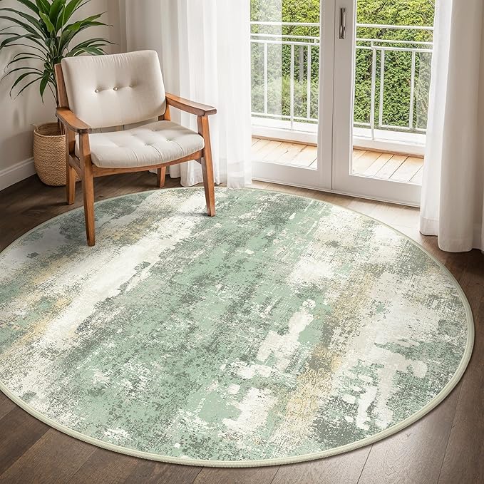Round Rugs 5FT for Living Room Bedroom, Modern Abstract Machine Washable Circle Rug, Soft Low Pile Floor Cover with Non Slip Backing for Dining Room, Light Green