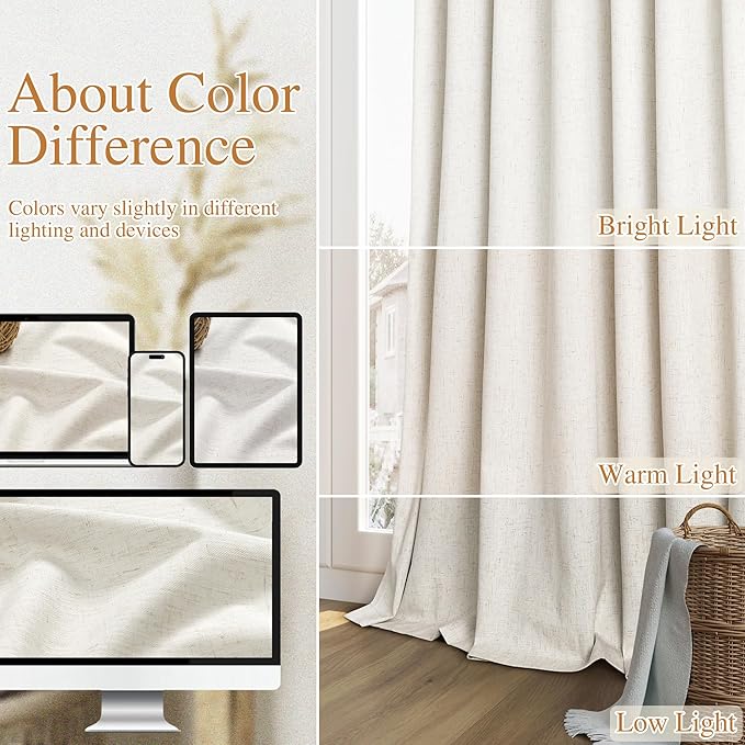 Guken Cream 100% Blackout Linen Curtains 40 Inch Wide by 63 Inch for Living Room Bedroom Back Tab/Rod Pocket Thermal Insulated Black Out Drapes Room Darkening Farmhouse Window Curtains,40x63