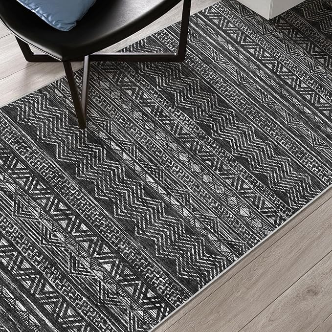 4x8 Washable Hallway Runner Rug：Moroccan Non-Slip Wide Runners for Entryway Kitchen Soft Modern Geometric Low-Pile Rugs for Living Room Thin Waterproof Carpet for Bedroom Bathroom Laundry(Black,4x8)