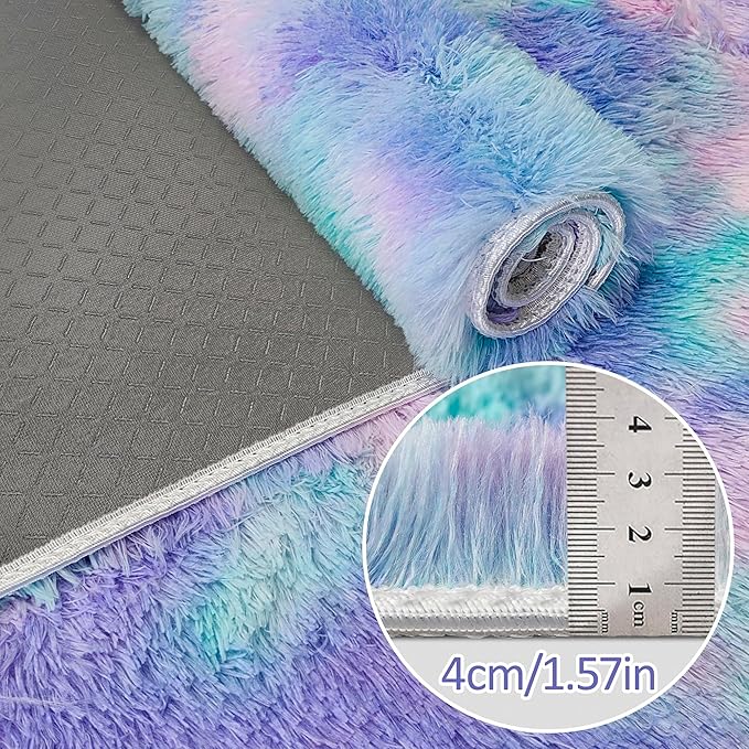 Small Area Rug for Bedroom 3x5ft Mini Tie-Dye Purple Rainbow Fluffy Rug Mat Bedside Throw Rug for Kids Room Boys Teens Nursery Baby Dorm Living Room Home Decor for Modern