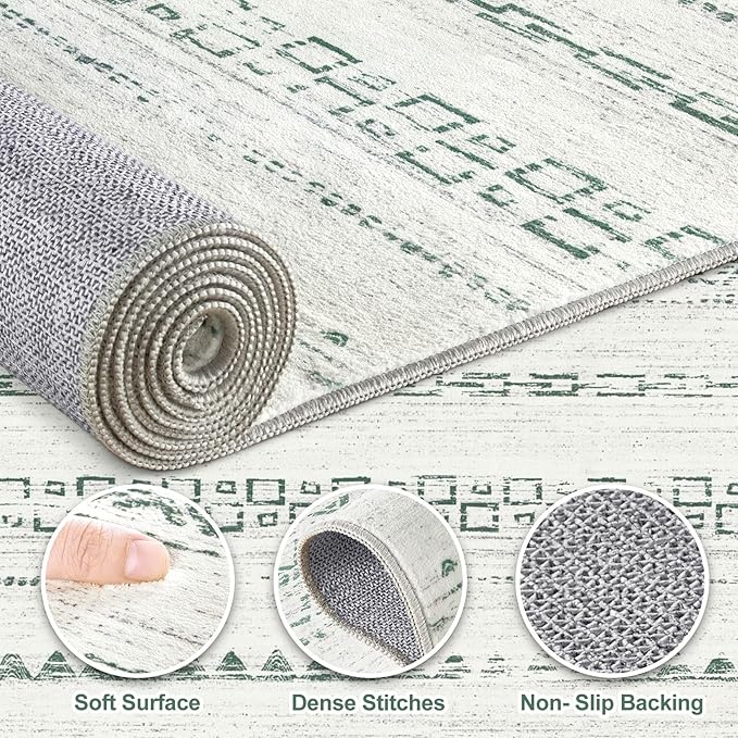 Nakagishi Green Rug Living Room 5x7: Washable Boho Large Neutral Farmhouse Soft Area Rugs Modern Stain Resistant Moroccan Indoor Non Slip Floor Carpet for Bedroom Nursery Kids Playroom Office