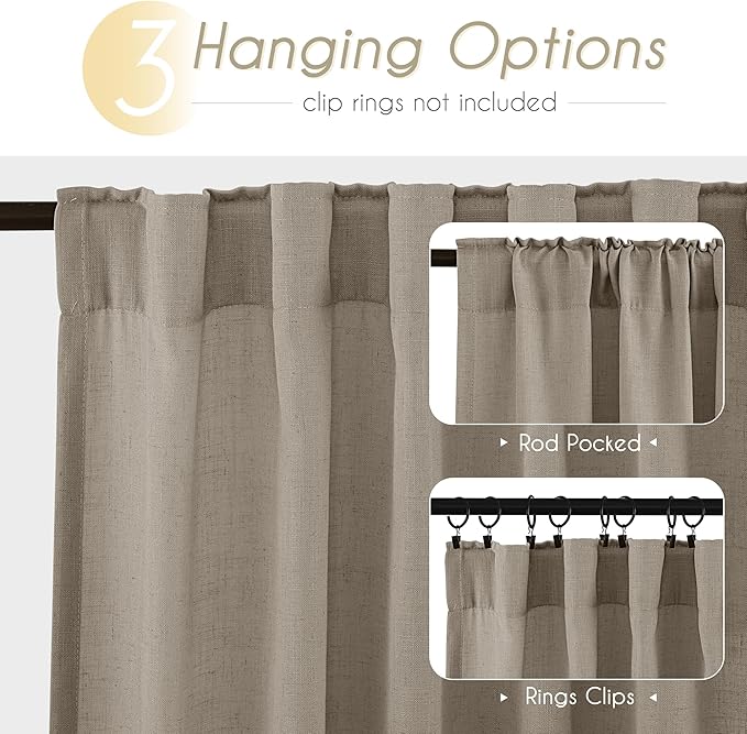 Taupe Linen Curtains 102 inches Long for Living Room Back Tab Rustic Farmhouse Semi Sheer Light Filtering Window Curtain Dining Room Soft Thick Flax Linen Textured Drapes Burlywood Birch Dark Brown