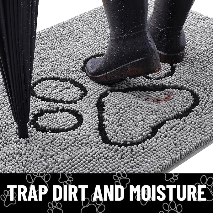 Smiry Dog Door Mat for Muddy Paws, Absorbent Dirt Trapper Non Slip Quick Dry Washable Chenille Mat for Mud Dogs, Entry Rug for Indoor and Outdoor (40x32 Inches, Grey and Black)