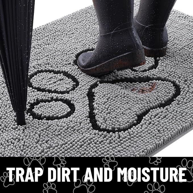 Smiry Dog Door Mat for Muddy Paws, Absorbent Dirt Trapper Non Slip Quick Dry Washable Chenille Mat for Mud Dogs, Entry Rug for Indoor and Outdoor (59x32 Inches, Grey and Black)