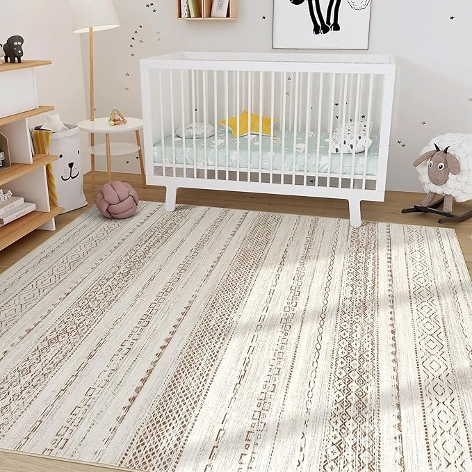 Nakagishi 9x12 Area Rug Living Room: Washable Boho Large Neutral Modern Soft Farmhouse Rugs Stain Resistant Indoor Floor Non-Slip Carpet for Bedroom Nursery Kids Playroom Office Dining Room- Brown