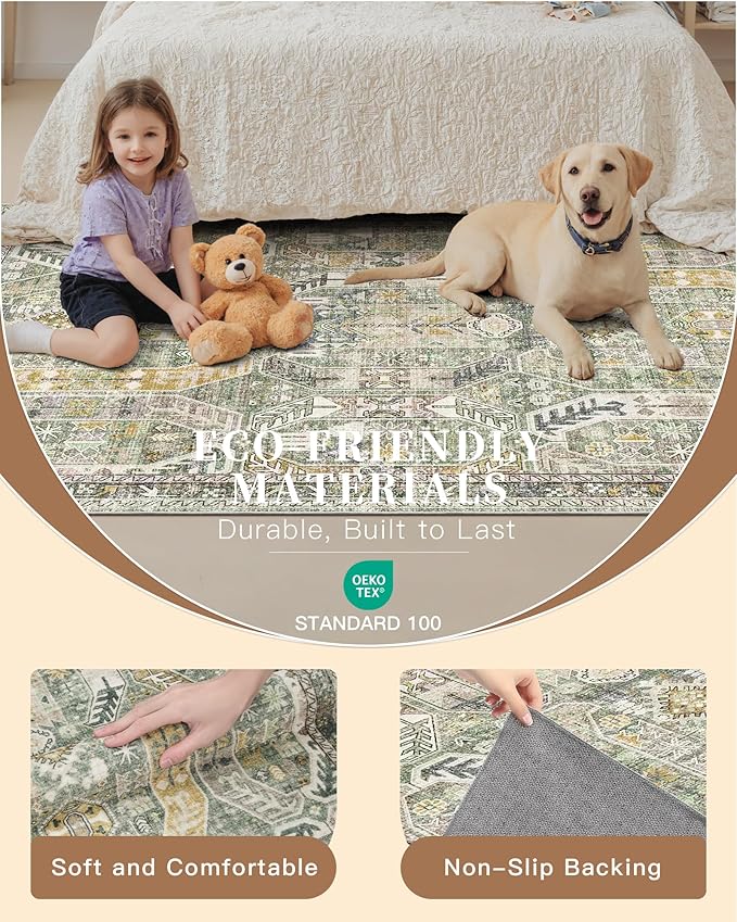 Madane Runner Rug 2'6''x8' Kitchen Runner, Hallway Runner Printed Vintage Washable Rugs Soft Non-Slip Low Pile 2.5x8 ft Runners for Hallways Laundry Room Rug Distressed Rug, Green/Gold