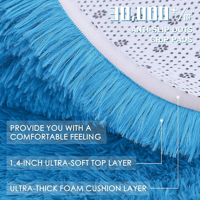 OLANLY Bright Blue Round Rugs for Bedroom - Machine Washable, 9 ft Circle Area Rugs for Living Room, Soft and Fluffy Shaggy Carpet for Teen Girl and Boys, Nursery Rooms, Dorms, Home Decor Aesthetic