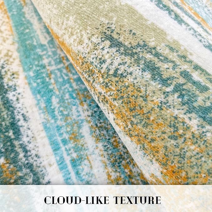 Lansny Modern Abstract 8x10 Large Machine Washable Living Room Rug Non-Slip Soft Bedroom Area Rug Green Mustard Multi Ultra Thin Print Faux Wool Carpet Throw Rugs for Playroom Dining Room Indoor