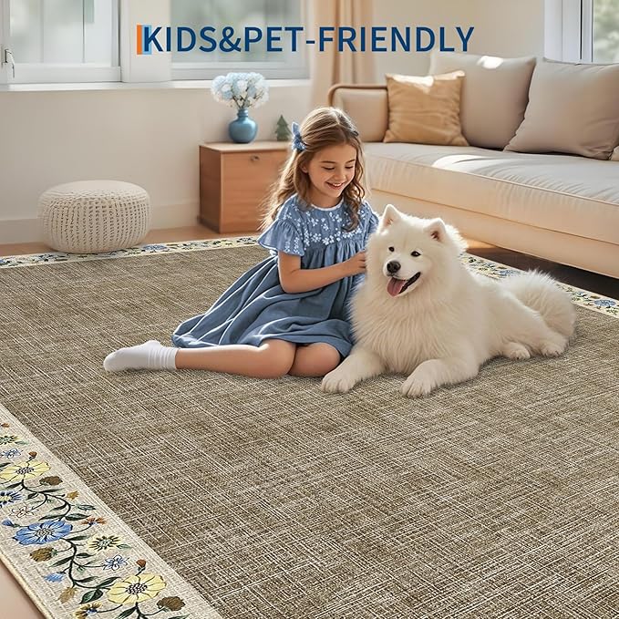 GarveeHome 10x13 Machine Washable Rugs for Living Room Large Area Rug Modern Floral Indoor Accent Carpet Low Pile Carpet Soft Throw Aesthetic Floor Cover for Bedroom Laundry Dining Room, Dark Camel