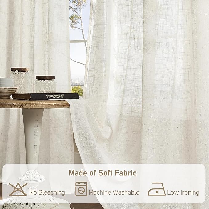 LAMIT 38 Inch Width Semi Sheer Linen Curtains 2 Panels, Cream Ivory Light Filtering Panels Back Tab and Rod Pocket Boho Neutral Drapes for Living Room/Bedroom/Farmhouse, 38 x 84 Inch