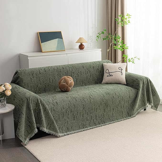 MYSKY HOME Boho Couch Cover Moss Green Sofa Covers with Tassel Farmhouse Sofa Slipcover Simple Couch Protector for Dogs Chenille Sectional Couch Covers L Shaped Couch Cushion Covers, 71"x 134"