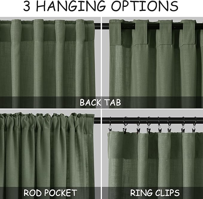 Nanspring Olive Green Linen Curtains for Living Room 2 Panels Set 100 Inch Length Back Tab Light Filtering Semi Sheer Curtain Drapes for Bedroom 52x100