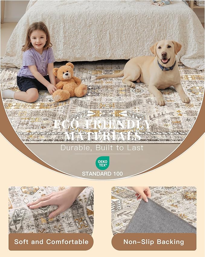 Madane Runner Rugs for Hallway 2x10 Long Washable Non-Slip Hallway Runner Rug Low-Pile Stair Kitchen Runner Throw Carpet for Entrance Living Dining Laundry Room (Brown/Gold, 2 x 10)