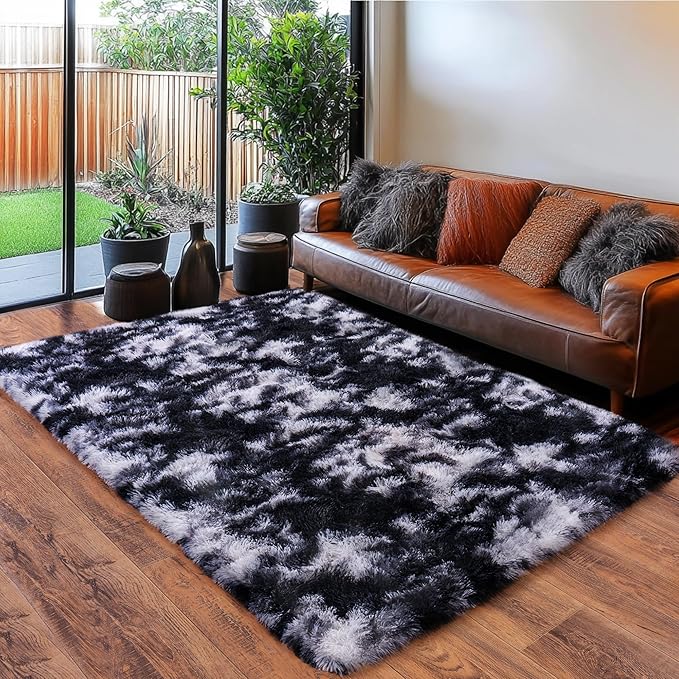 Black and White Rug for Living Room, 9x12 Area Rug for Bedroom, Bedside Indoor Floor Fluffy Shag Carpet, Plush Soft Rug for Boys Girls Kids Room Nursery Dorm Home Decor