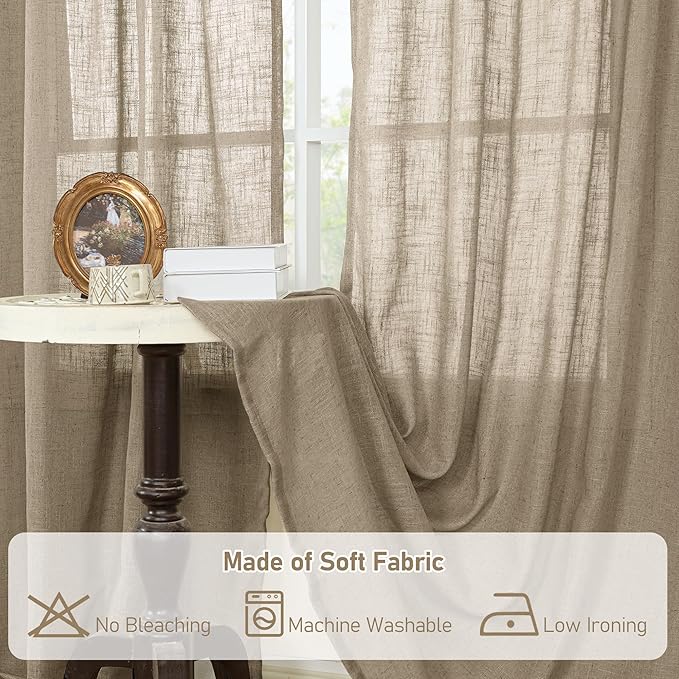 LAMIT Taupe 72 inch Linen Curtains for Living Room 2 Panels, Linen Textured Light Filtering Semi Sheer Back Tab and Rod Pocket Curtain Panels for Bedroom/Farmhouse, 52 x 72 Inch
