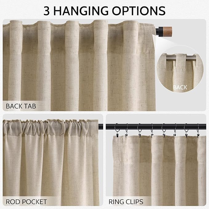 Taupe Burlywood Linen Curtains 132 Inch Length for Living Room Light Filtering Semi Sheer Curtain Back Tab Modern Farmhouse Decor Drapes Floor to Ceiling High Window for Bedroom 52x132, 2 Panels