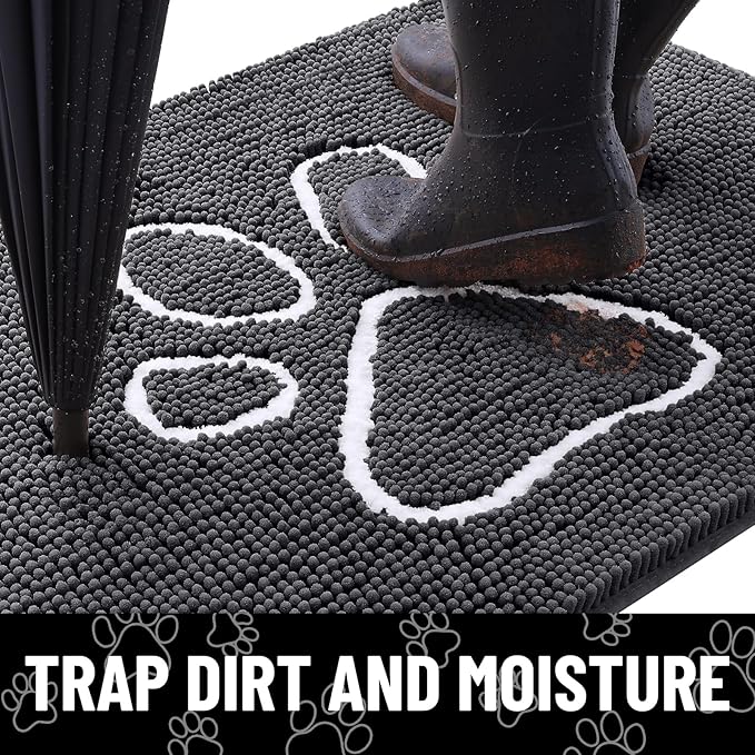 Smiry Dog Door Mat for Muddy Paws, Absorbent Dirt Trapper Non Slip Quick Dry Washable Chenille Mat for Mud Dogs, Entry Rug for Indoor and Outdoor (48x30 Inches, Dark Grey and White)
