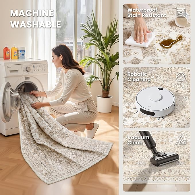 zesthome 8x12 Area Rugs,Stain Resistant Washable Rug,Ultra-Thin Rugs for Living Room,Bedroom,Non-Slip Backing Home Decor Large Area Rug (Cream/Beige,8'x12')