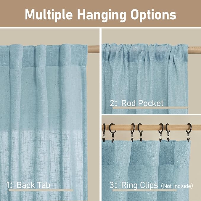 LAMIT 102 Inches Long Linen Curtains for Living Room, Back Tab and Rod Pocket Semi Sheer Curtains Light Filtering Farmhouse Drapes for Bedroom/Dining Room, Stone Blue, Set of 2, 52 x 102 Inch