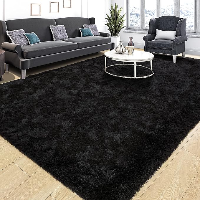 Tepook Super Soft Fluffy Rug for Bedroom, Modern Shaggy Fuzzy Kids Rugs for Living Room, Plush Indoor Nursery Home Decor Dorm Carpet with Non-Slip Bottom, Black, 3 X 5 Feet