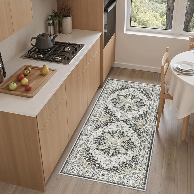 Madane Washable Area Rug 2x4, Small Entryway Rug Non-Slip Vintage Door Mat Indoor Entrance, Low Pile Floor Carpet Runner for Inside Front Door Kitchen Entry Laundry, Black