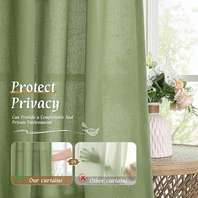 LAMIT Green Linen Curtains for Bedroom, Faux Linen Textured Light Filtering Drapes Rod Pocket Boho Neutral Room Decor Panels for Farmhouse/Living Room, 2 Panels, 52 x 72 Inch