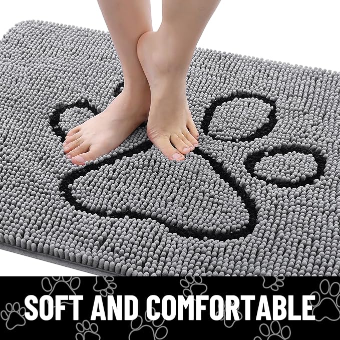 Smiry Dog Door Mat for Muddy Paws, Absorbent Dirt Trapper Non Slip Quick Dry Washable Chenille Mat for Mud Dogs, Entry Rug for Indoor and Outdoor (47x17 Inches, Grey and Black)