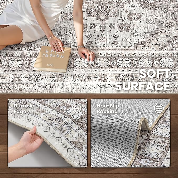 zesthome 10x14 Area Rugs,Stain Resistant Washable Rug,Ultra-Thin Rugs for Living Room,Bedroom,Non-Slip Backing Home Decor Large Area Rug (Brown/Beige,10'x14')