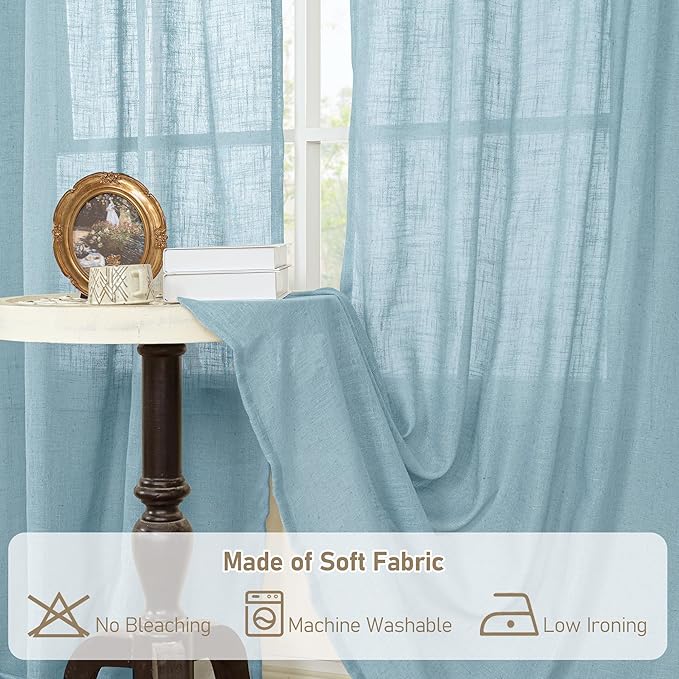 LAMIT Semi Sheer Window Linen Curtains 54 Inch, Light Filtering Panels Back Tab and Rod Pocket Country Decor Drapes for Bedroom/Farmhouse, Stone Blue, 2 Panels, 34 x 54 Inch