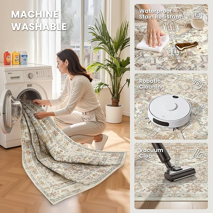 zesthome 9x12 Area Rugs-Washable Rug for Living Room, Non-Slip Backing Rugs, Stain Resistant Rug for Bedroom, Ultra-Thin Low Pile Rugs, Vintage Large Home Decor