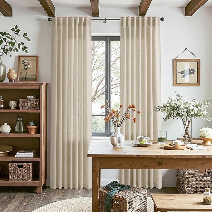 Eggshell Beige Linen Curtains for Living Room 98 Inches Long Light Filtering Semi Sheer Curtain Back Tab Rustic Farmhouse Decor Burlap Luxury Boho Drapes for Bedroom Dinner Room 52x98, 2 Panels