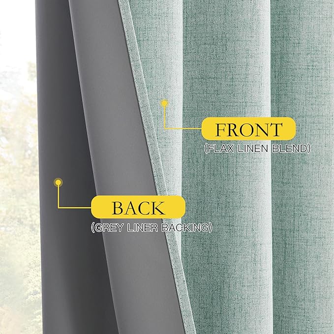 NICETOWN 100% Absolutely Blackout Linen Curtains with Thermal Insulated White Liner, Seafoam Green, 42 inches Wide, 63 inches Length Energy Saving Curtains for Kitchen 2 Panels Set, Vertical Blinds
