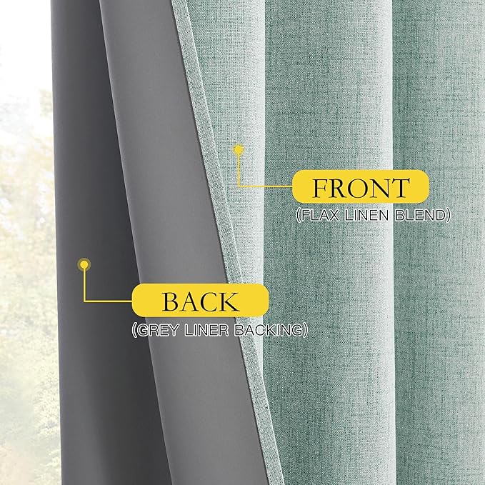 NICETOWN 100% Absolutely Blackout Linen Curtains with Thermal Insulated Grey Liner, Seafoam Green, 52 inches Wide, 63 inches Length Energy Saving Curtains for Bedroom 2 Panels Set, Vertical Blinds