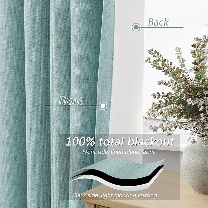 Guken Light Blue 100% Blackout Linen Curtains 100 Inch Length 2 Panels Set for Living Room Back Tab Thermal Insulated Black Out Drapes Room Darkening Farmhouse Style for Bedroom Window Curtains